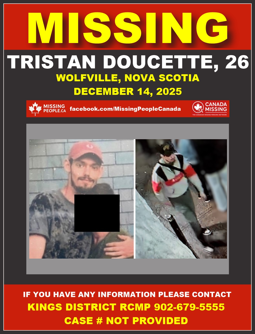Photo of missing man Tristan Doucette, age 26, from Wolfville, Nova Scotia.