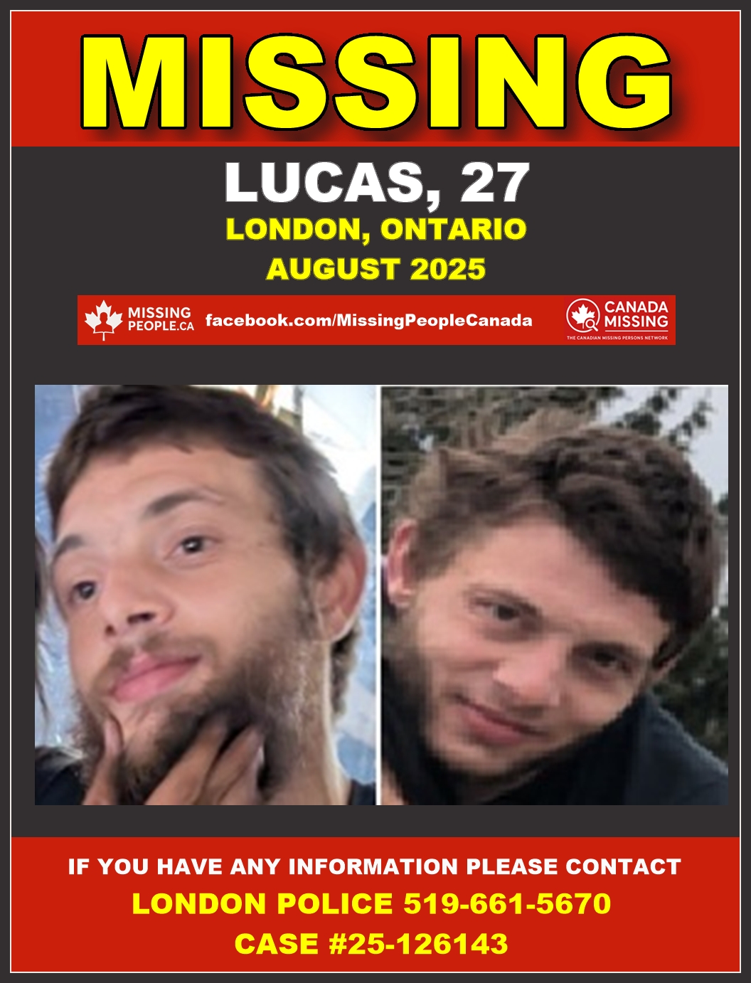 Photo of missing man Lucas, age 27, from London, Ontario