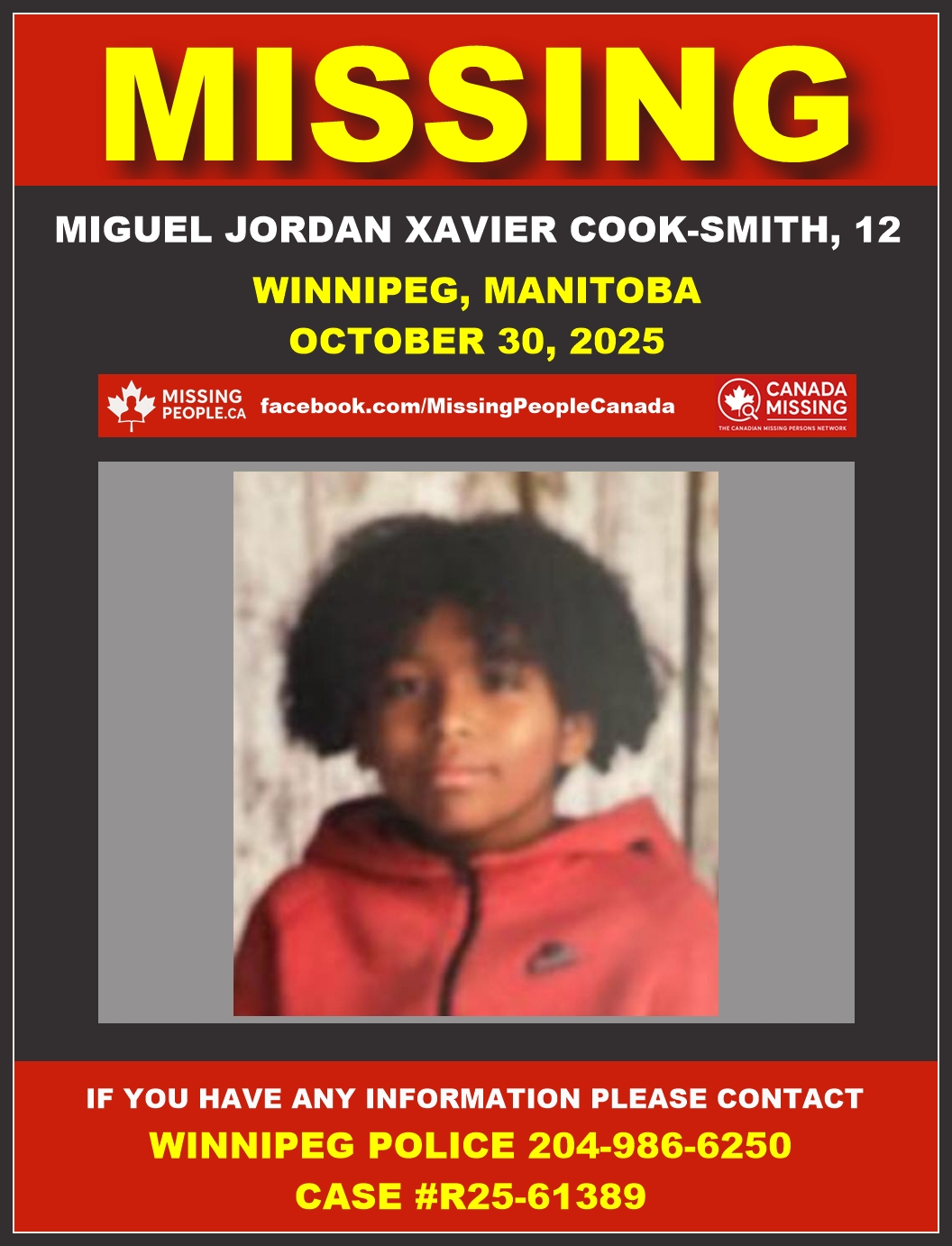 Photo of missing male child Miguel Jordan Xavier Cook-Smith, age 12, from Winnipeg, Manitoba.
