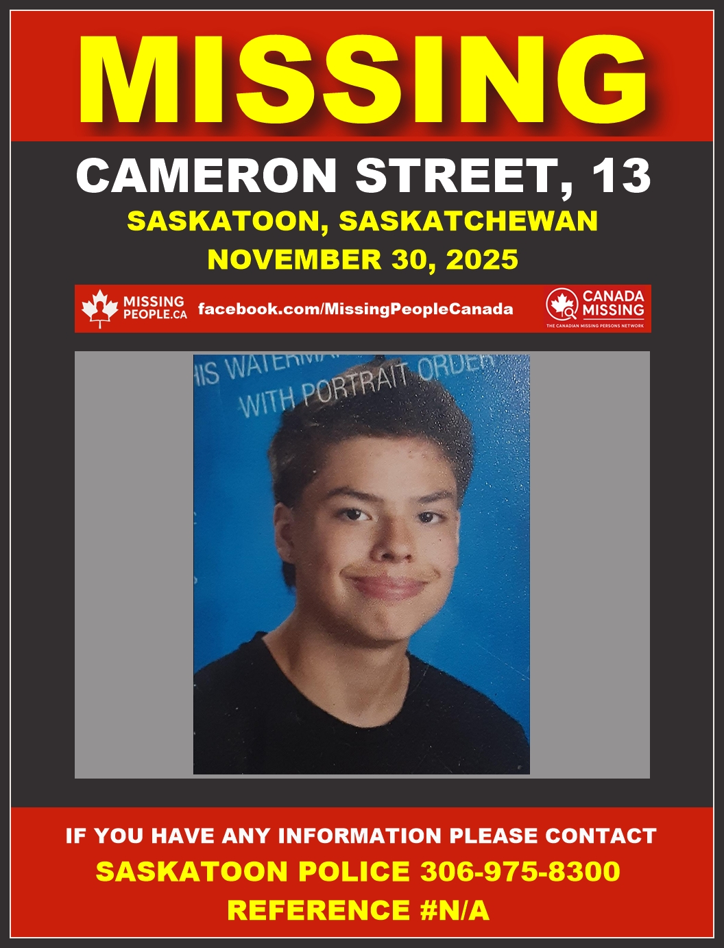 Photo of missing male teen Cameron Street, age 13, from Saskatoon, Saskatchewan.