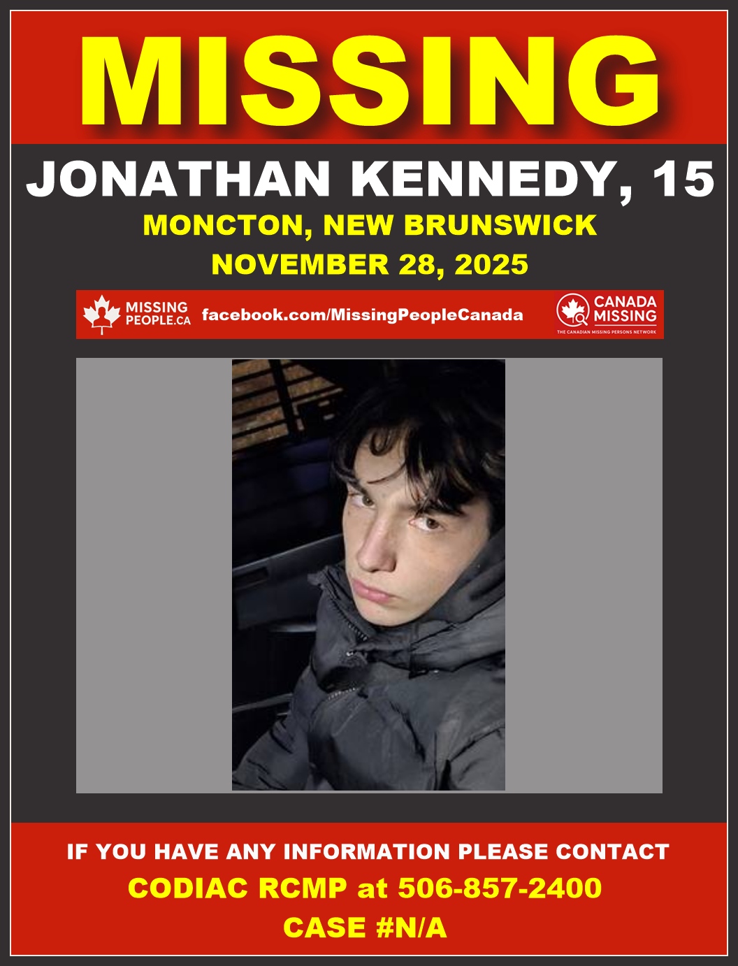 Photo of missing 15-year-old boy Jonathan Kennedy from Moncton, New Brunswick.
