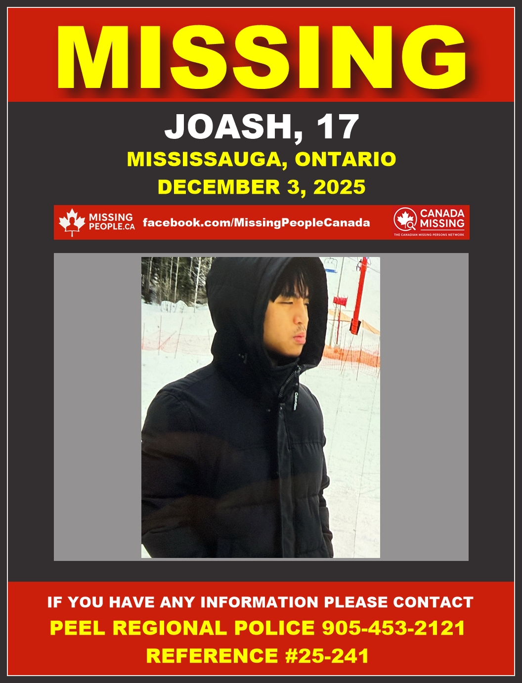Photo of missing male teen Joash, age 17, from Mississauga, Ontario.