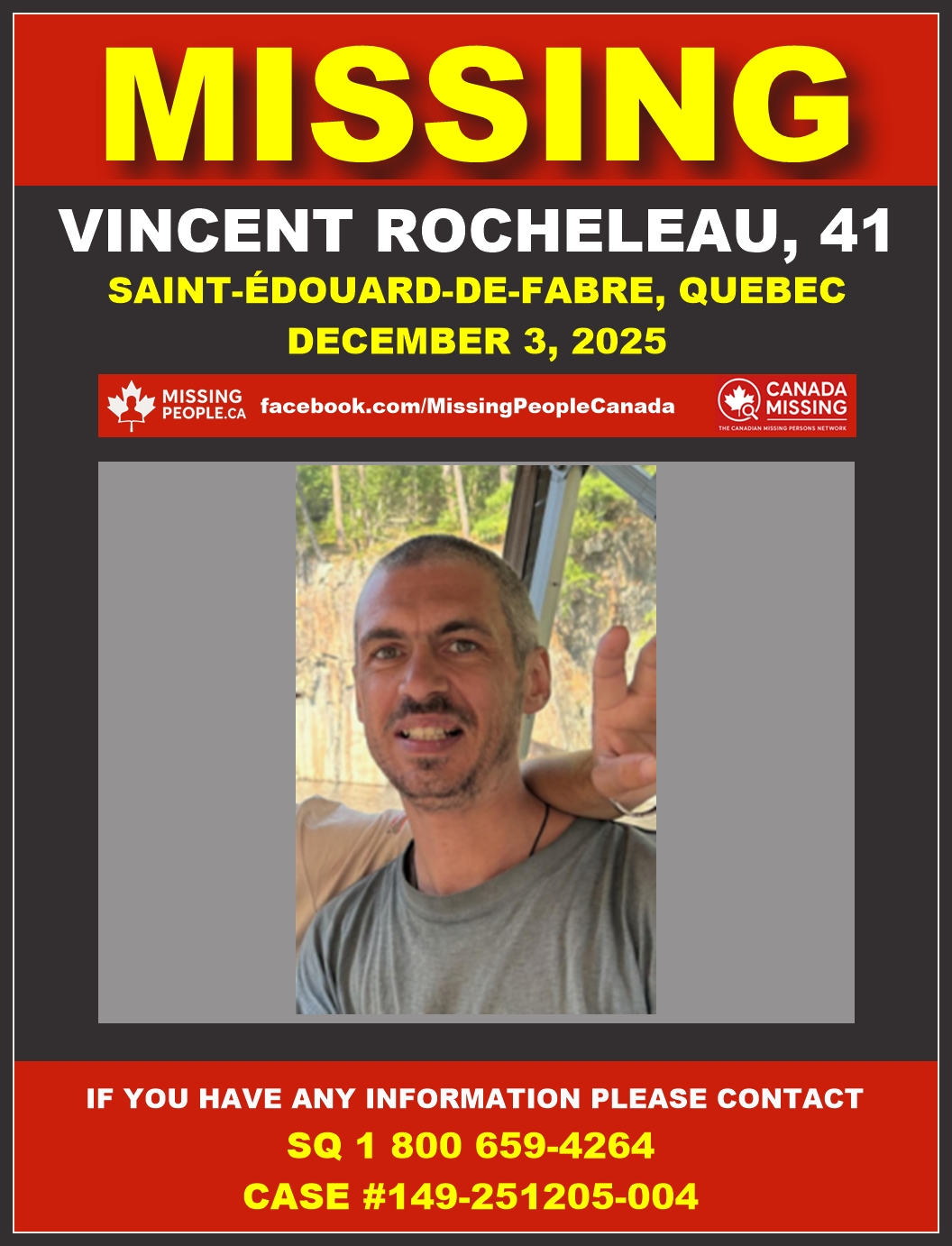 Photo of missing man Vincent Rocheleau, age 41, from Saint-Édouard-de-Fabre, Quebec.