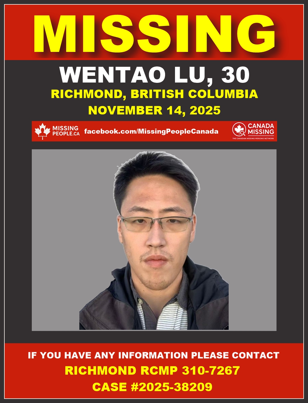Photo of missing man Wentao Lu, age 30, from Richmond, British Columbia.