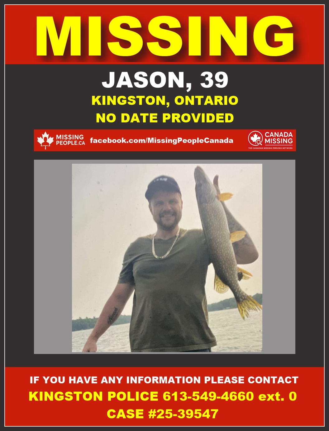 Photo of missing man Jason, age 39, scruffy facial hair, from Kingston, Ontario.