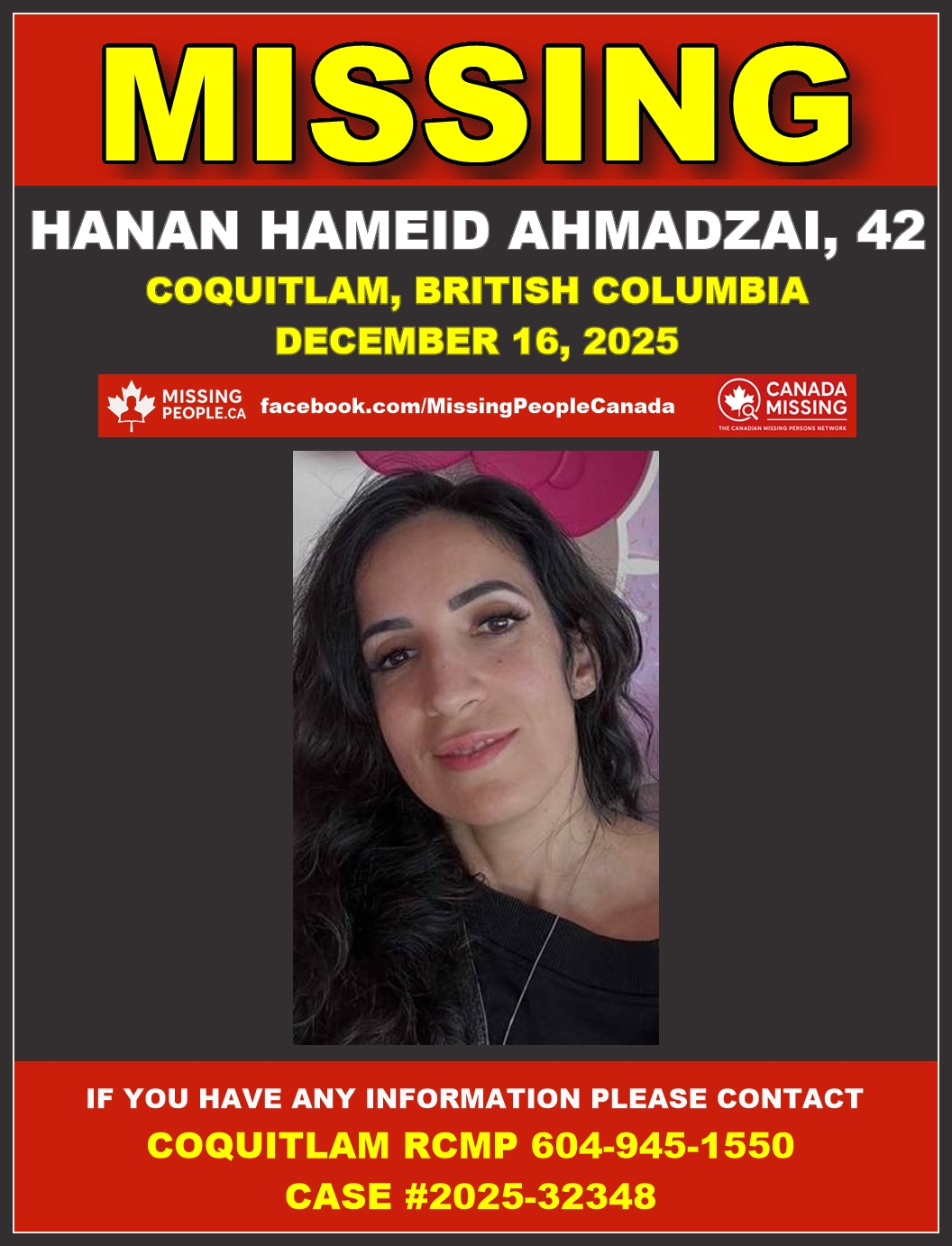 Photo of missing woman Hanan Hameid Ahmadzai, age 42, from Coquitlam, British Columbia.