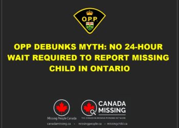Ontario Provincial Police public advisory debunking myth about 24-hour wait for missing child reports.