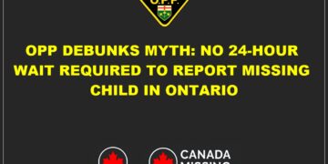 Ontario Provincial Police public advisory debunking myth about 24-hour wait for missing child reports.