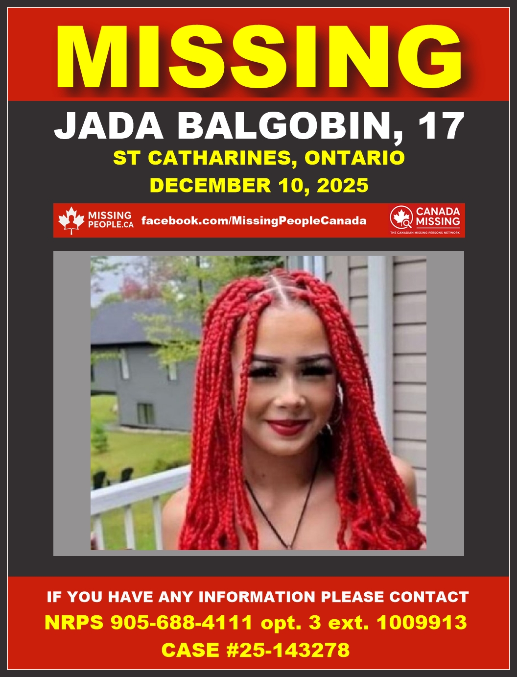Photo of missing female teen Jada Balgobin, age 17, from St. Catharines, Ontario.