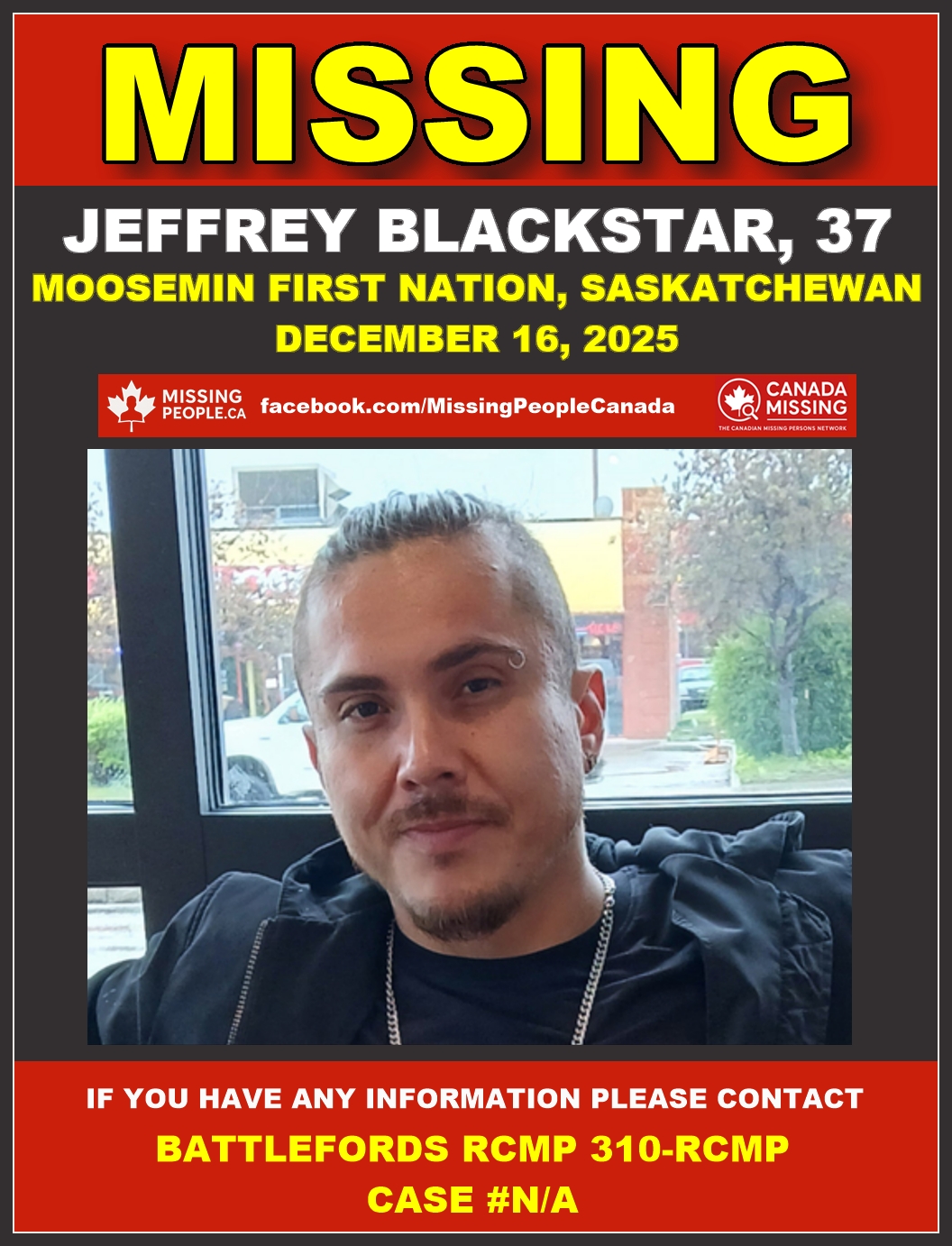 Photo of missing man Jeffrey Blackstar, age 37, from Moosomin First Nation, Saskatchewan.