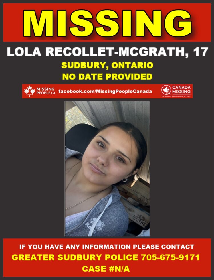 Photo of missing female teen Lola Recollet-McGrath, age 17, from Sudbury, Ontario