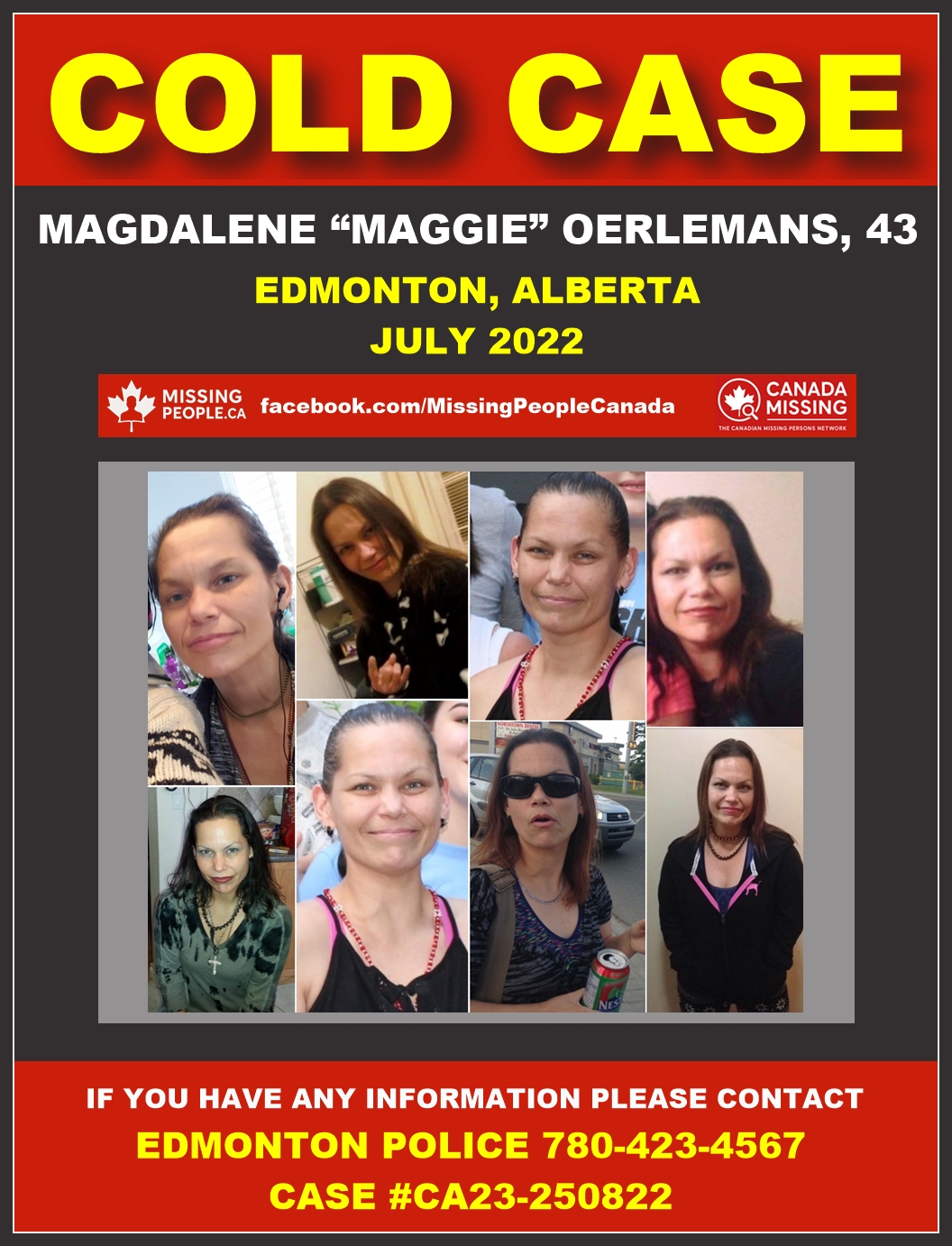 Photo of missing Indigenous woman Magdalene “Maggie” Oerlemans, age 43, missing from Edmonton, Alberta since July 2022.
