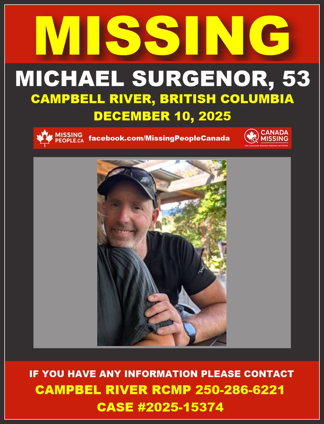 Photo of missing man Michael Surgenor, age 53, from Campbell River, British Columbia.