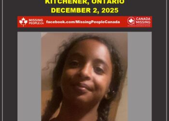 Photo of missing 11-year-old girl Angel, long black braided hair, pink jacket, from Kitchener, Ontario.