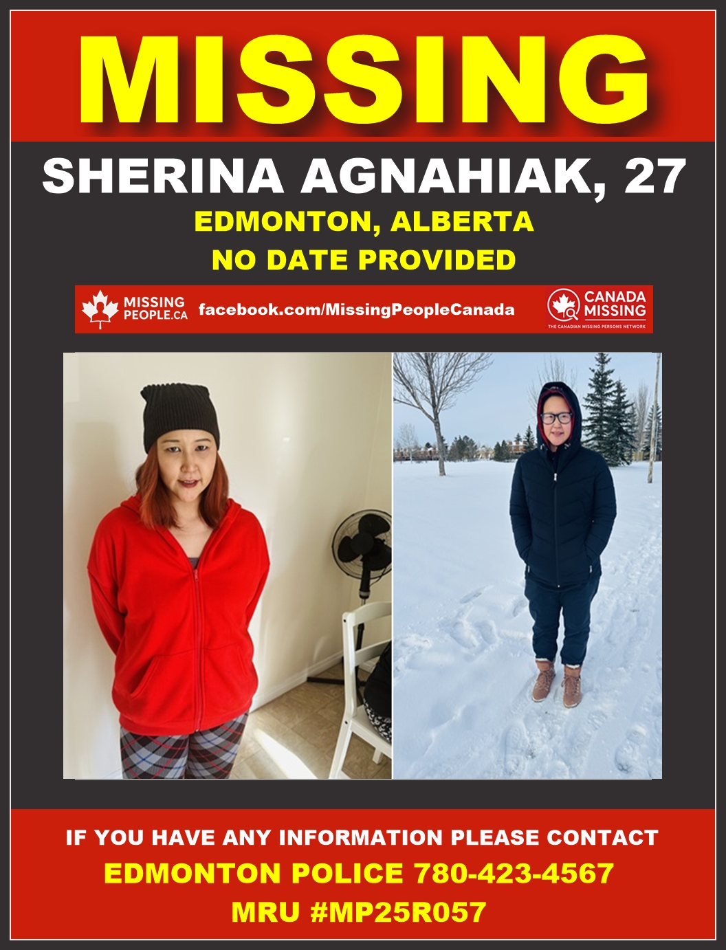 Photo of missing Indigenous woman Sherina Agnahiak, age 27, from Edmonton, Alberta.