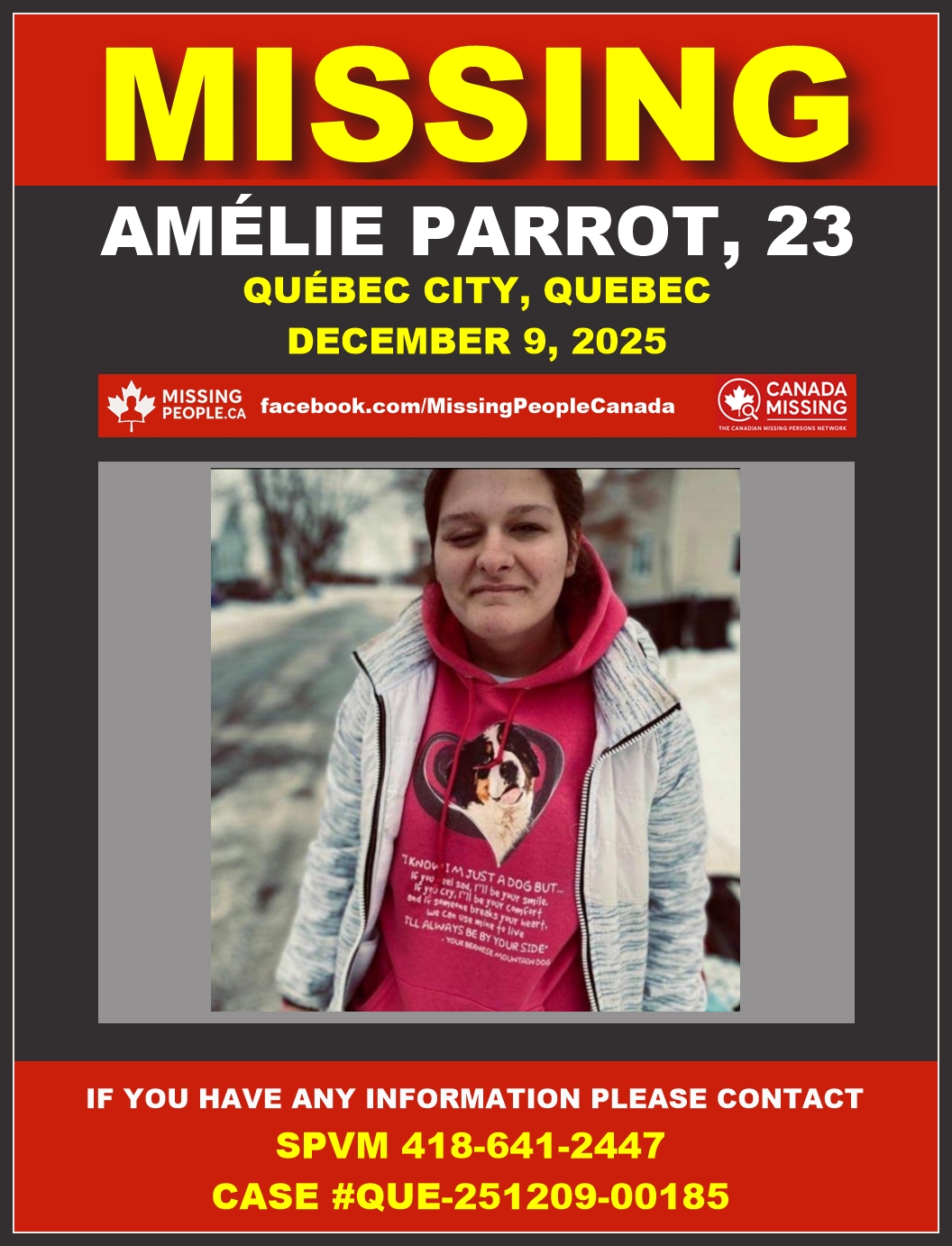 Photo of missing woman Amélie Parrot, age 23, from Québec City, Quebec (intellectual disability, left eye smaller).
