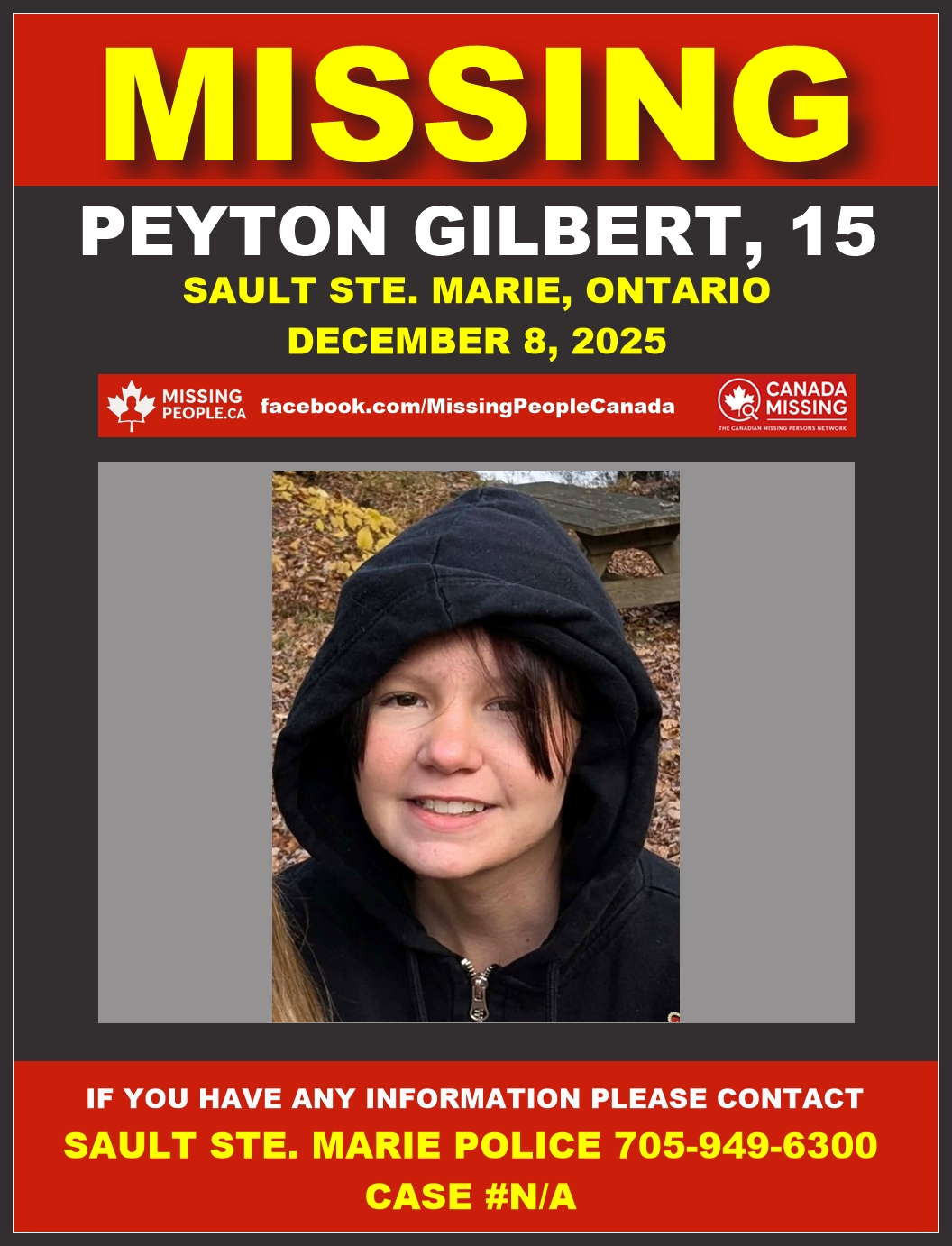 Photo of missing youth Peyton Gilbert, age 15, from Sault Ste. Marie, Ontario.