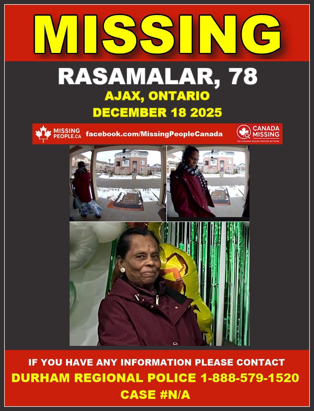 Photo of missing senior woman Rasamalar, age 78, from Ajax, Ontario