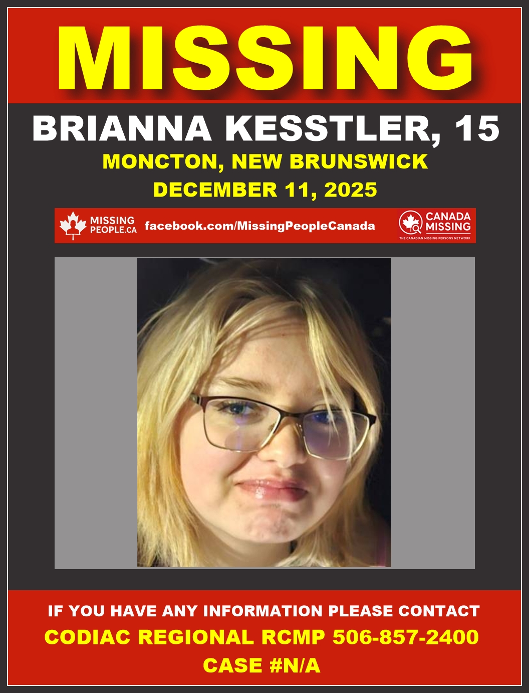 Photo of missing female teen Brianna Kesstler, age 15, from Moncton, New Brunswick.