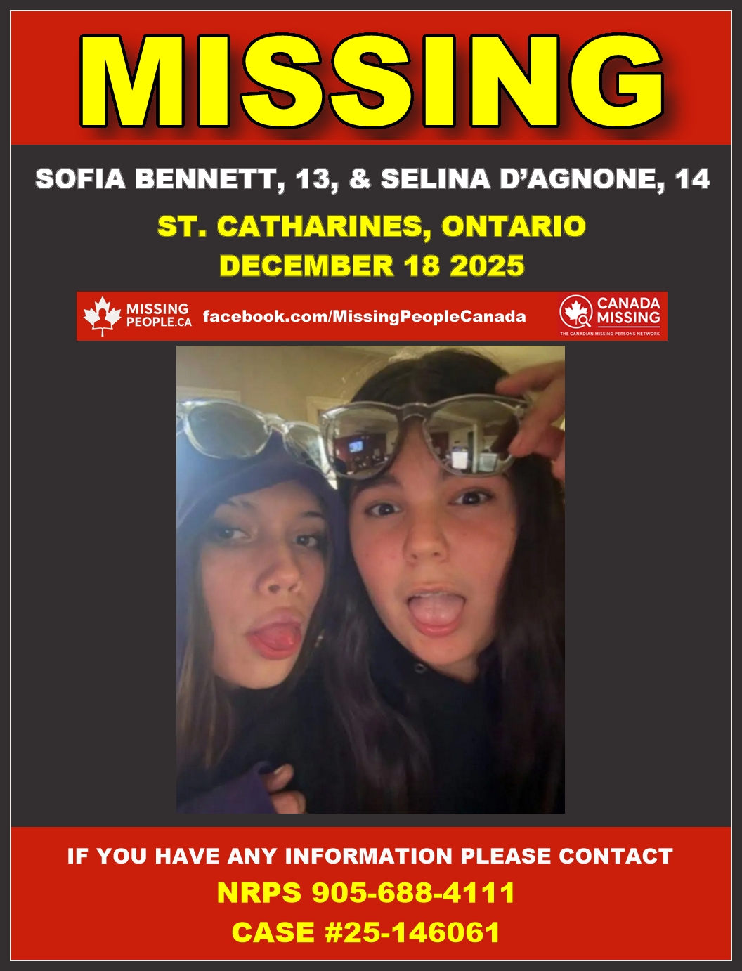 Photos of missing female youths Sofia Bennett, 13, and Selina D’Agnone, 14, from St. Catharines, Ontario.