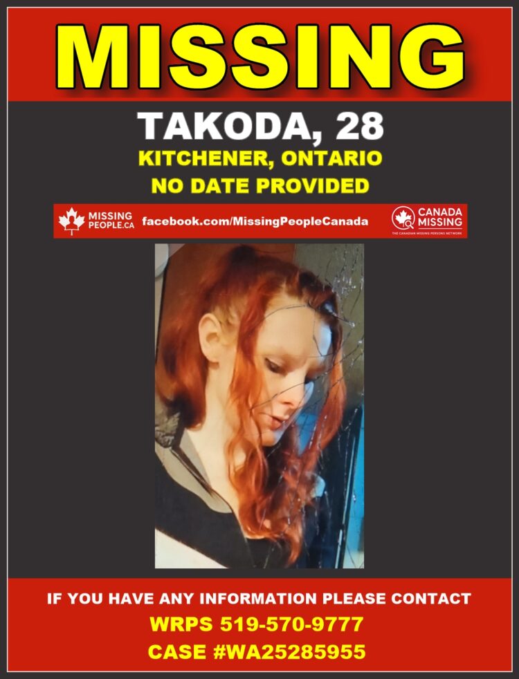 Photo of missing woman Takoda, age 28, from Kitchener, Ontario.