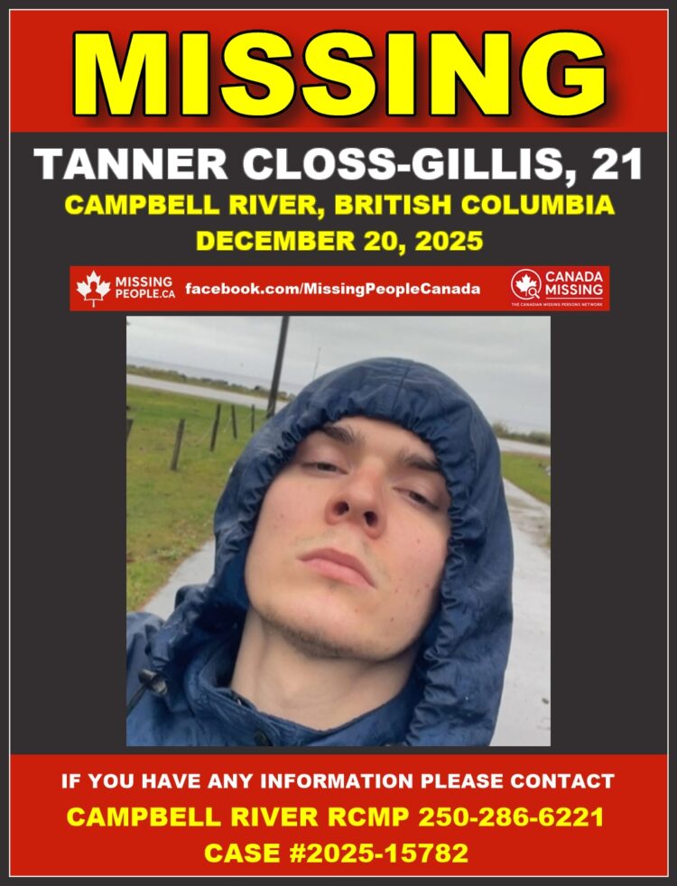 Photo of missing man Tanner Closs-Gillis, age 21, from Campbell River, British Columbia.