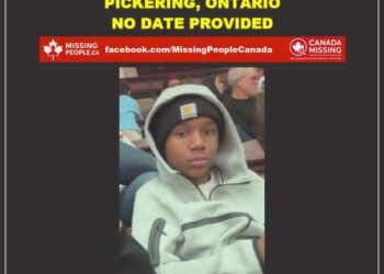 Photo of missing male youth Traeson, age 13, from Pickering, Ontario.