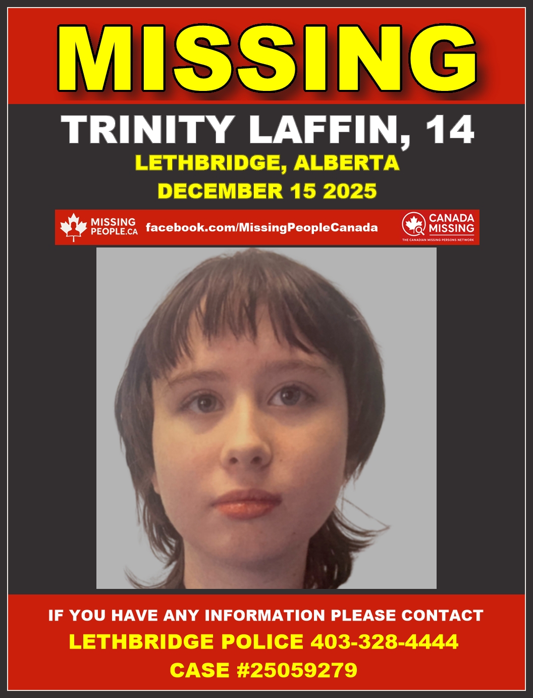 Photo of missing female youth Trinity Laffin, age 14, from Lethbridge, Alberta.