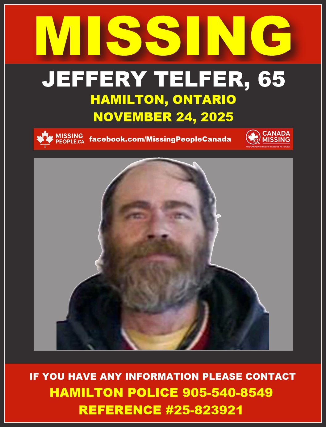 Photo of missing senior Jeffery Telfer, 65, long grey hair and beard, from Hamilton, Ontario.