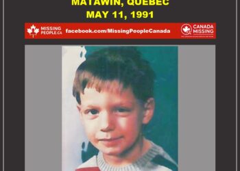 Photo of missing child Yanick Fortin, age 6, from Matawin, Quebec in 1991 (young boy with auburn hair, black eyes).