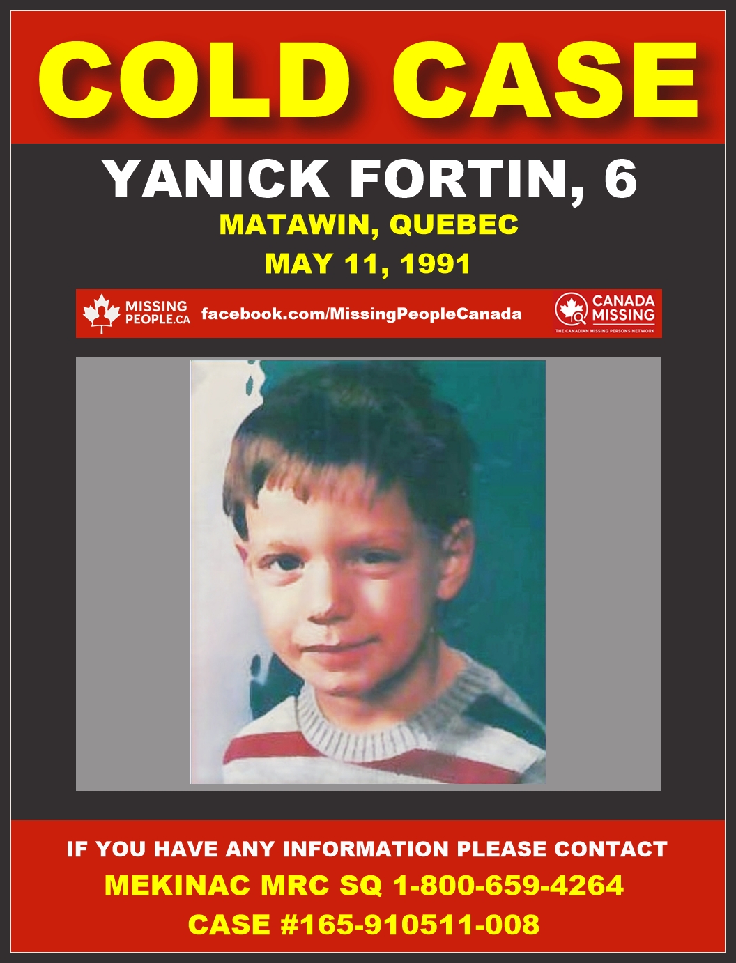 Photo of missing child Yanick Fortin, age 6, from Matawin, Quebec in 1991 (young boy with auburn hair, black eyes).