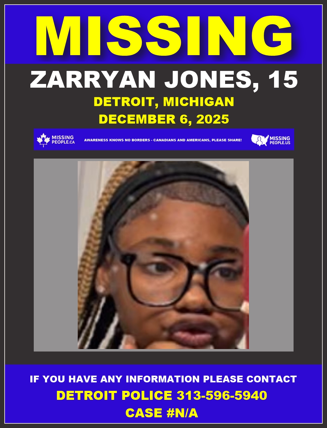 Photo of missing female teen Zarryan Jones, age 15, from Detroit, Michigan.