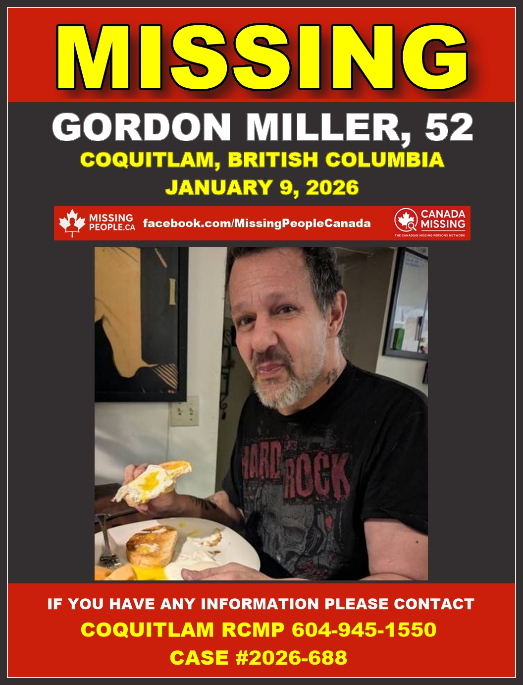 Photo of missing man Gordon Miller, age 52, from Coquitlam, British Columbia