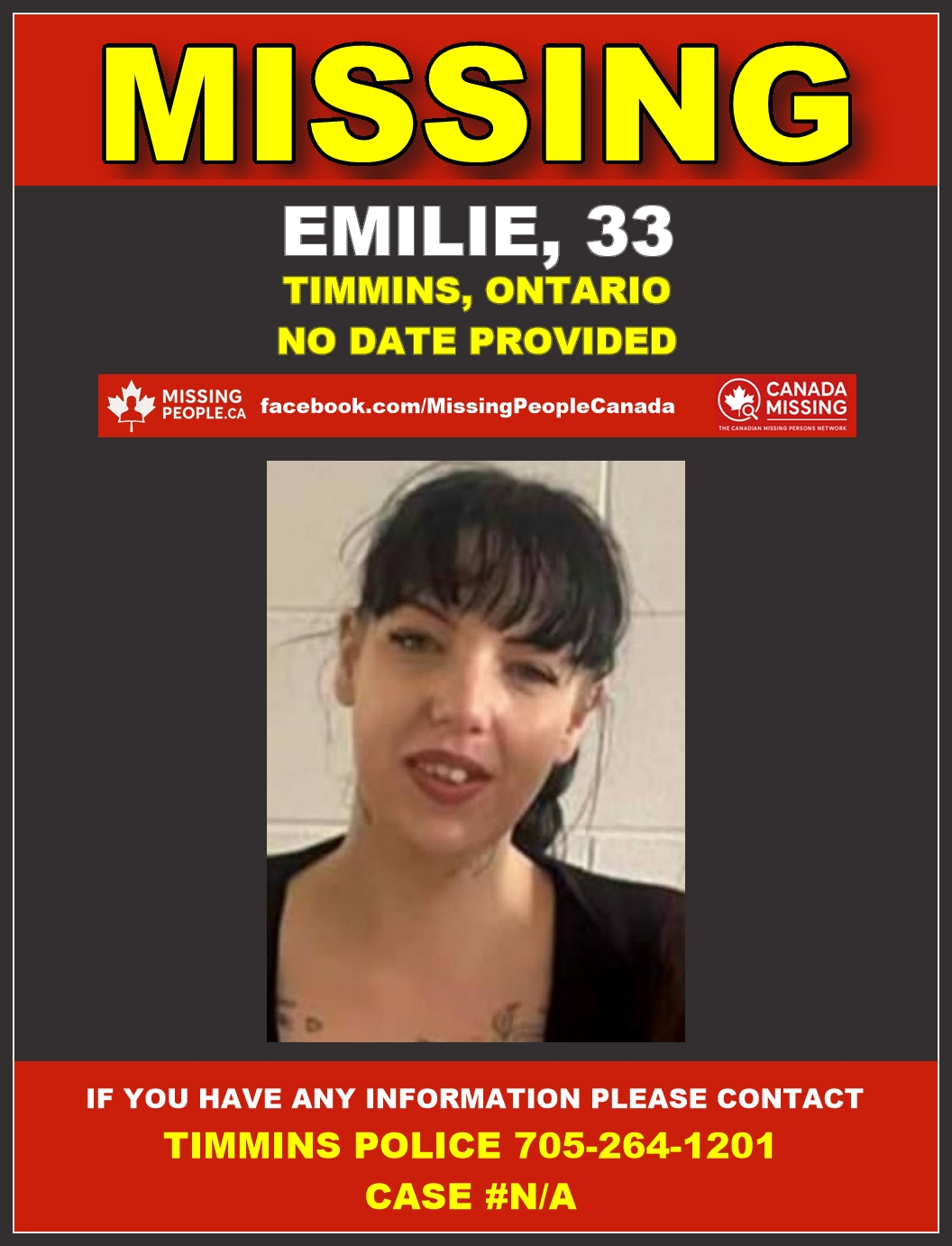 Photo of missing woman Emilie, age 33, from Timmins, Ontario