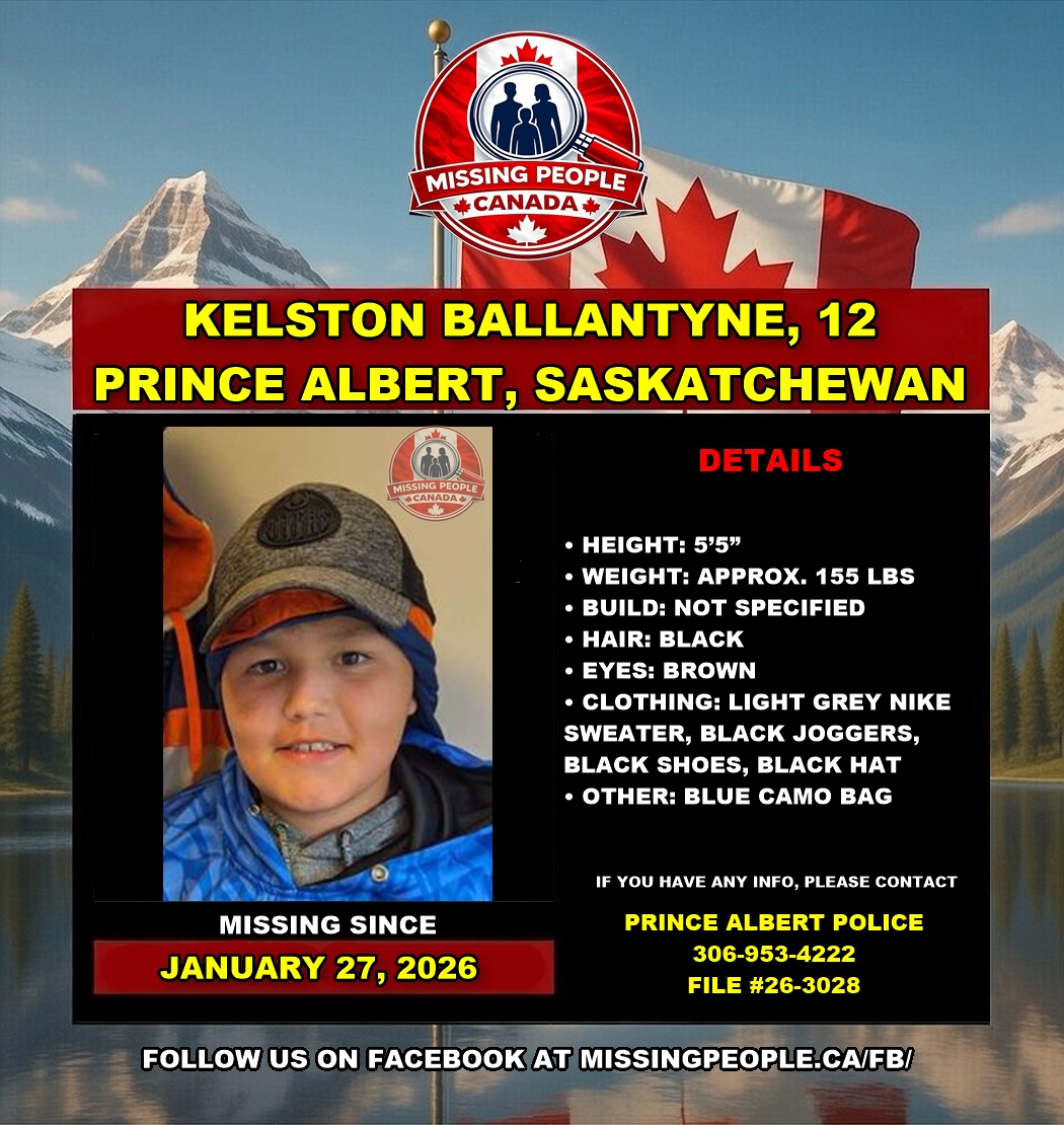 Photo of missing boy Kelston Ballantyne, age 12, from Prince Albert, Saskatchewan.