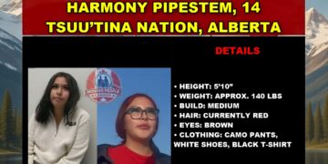 Photo of missing girl Harmony Pipestem, age 14, from Tsuu’tina Nation, Alberta