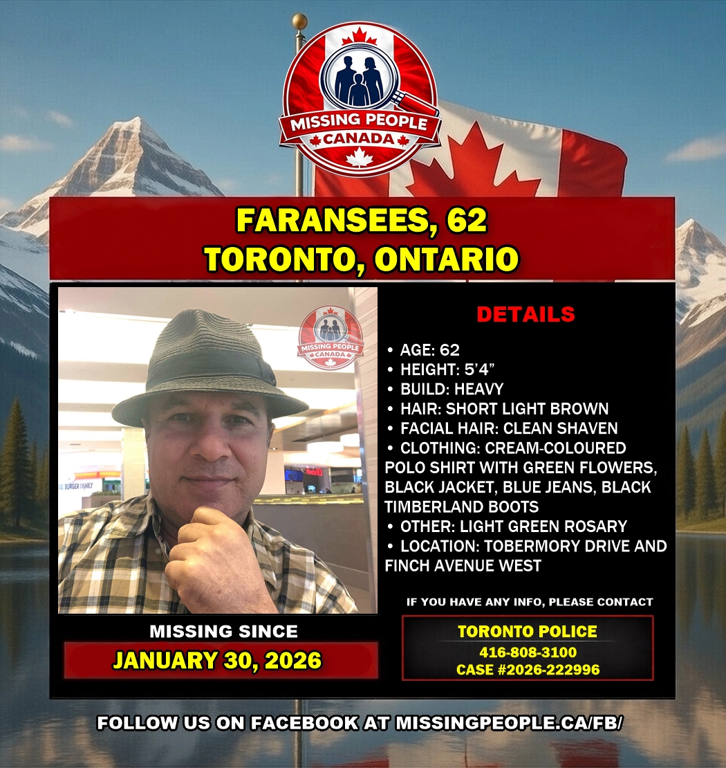 Photo of missing person Faransees, age 62, from Toronto, Ontario