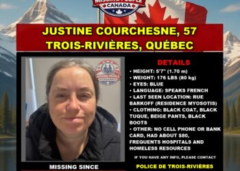 hoto of missing woman Justine Courchesne, age 57, from Trois-Rivières, Québec