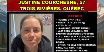 hoto of missing woman Justine Courchesne, age 57, from Trois-Rivières, Québec