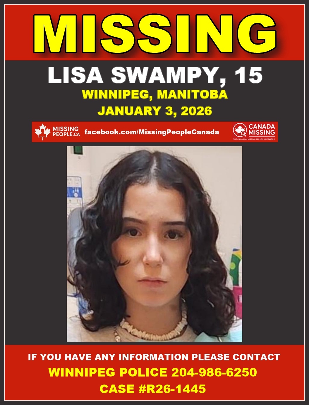 Photo of missing girl Lisa Swampy, age 15, from Winnipeg, Manitoba