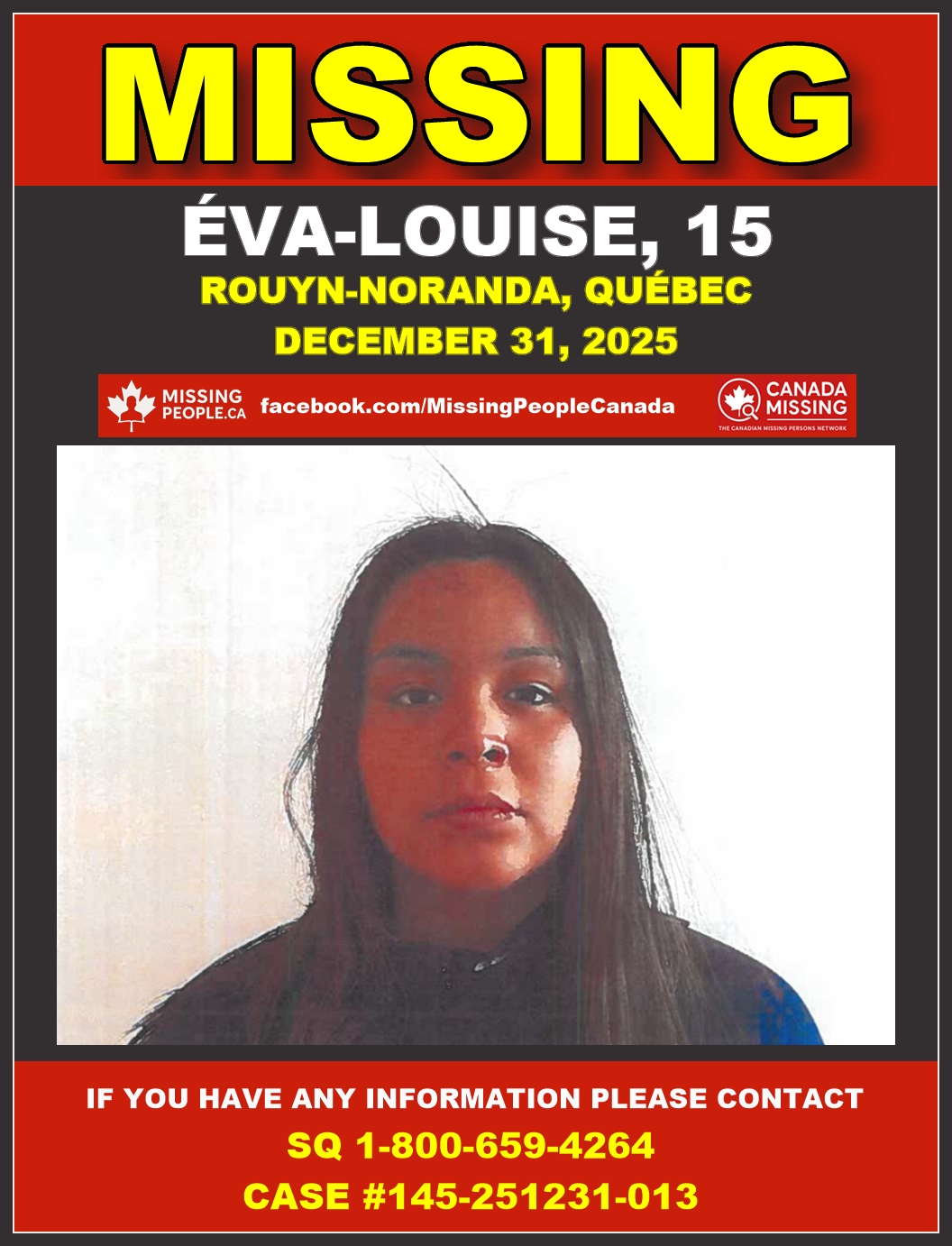 Photo of missing girl Éva-Louise, age 15, from Rouyn-Noranda, Québec
