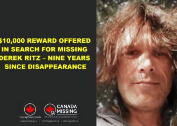 Stratford Police Service media release offering $10,000 reward for information on missing Derek Ritz, nine years since disappearance on December 31, 2016.