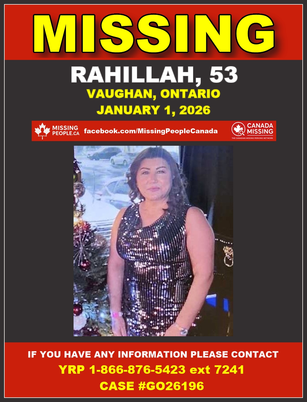 Photo of missing woman Rahillah, age 53, from Vaughan, Ontario