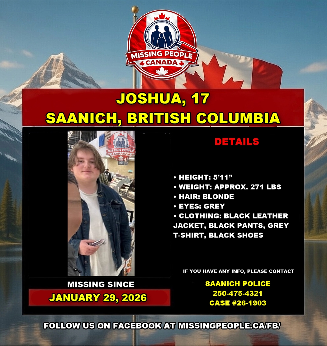 Photo of missing boy Joshua, age 17, from Saanich, British Columbia.
