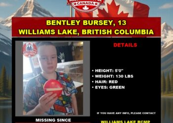 Photo of missing boy Bentley Bursey, age 13, from Williams Lake, British Columbia