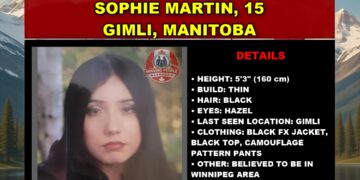Photo of missing girl Sophie Martin, age 15, from Gimli, Manitoba