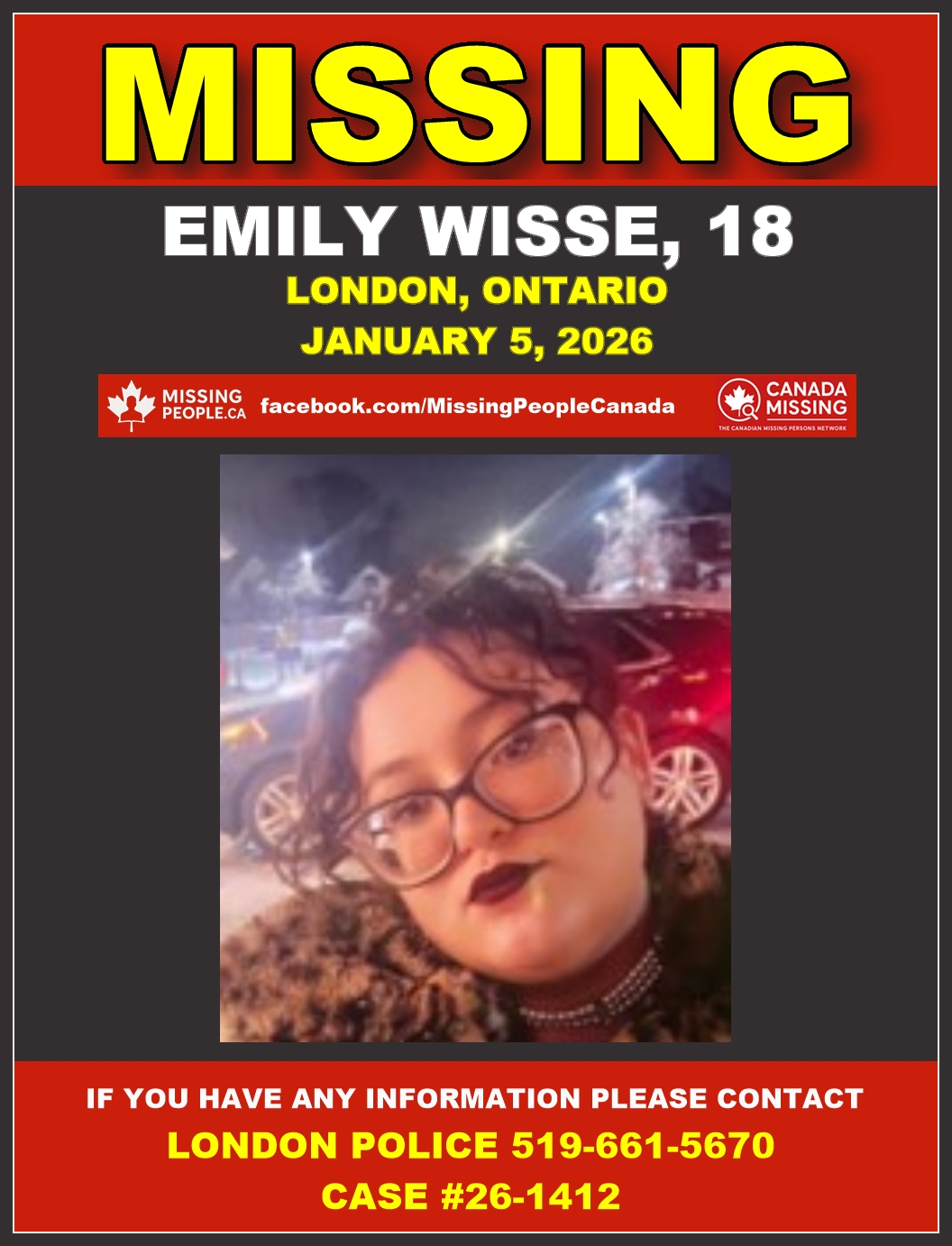 Photo of missing woman Emily Wisse, age 18, from London, Ontario