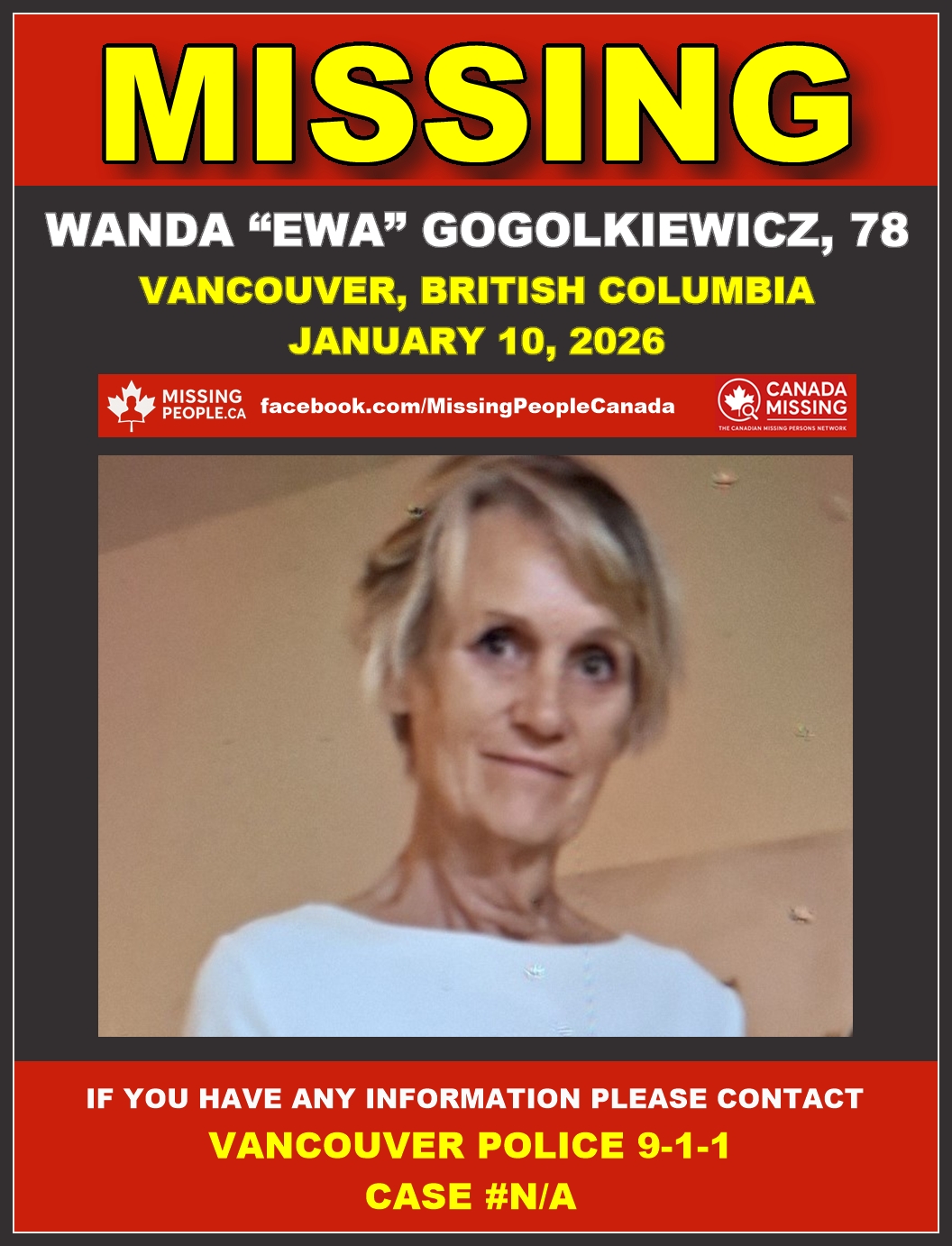 Photo of missing woman Wanda “Ewa” Gogolkiewicz, age 78, from Vancouver, British Columbia