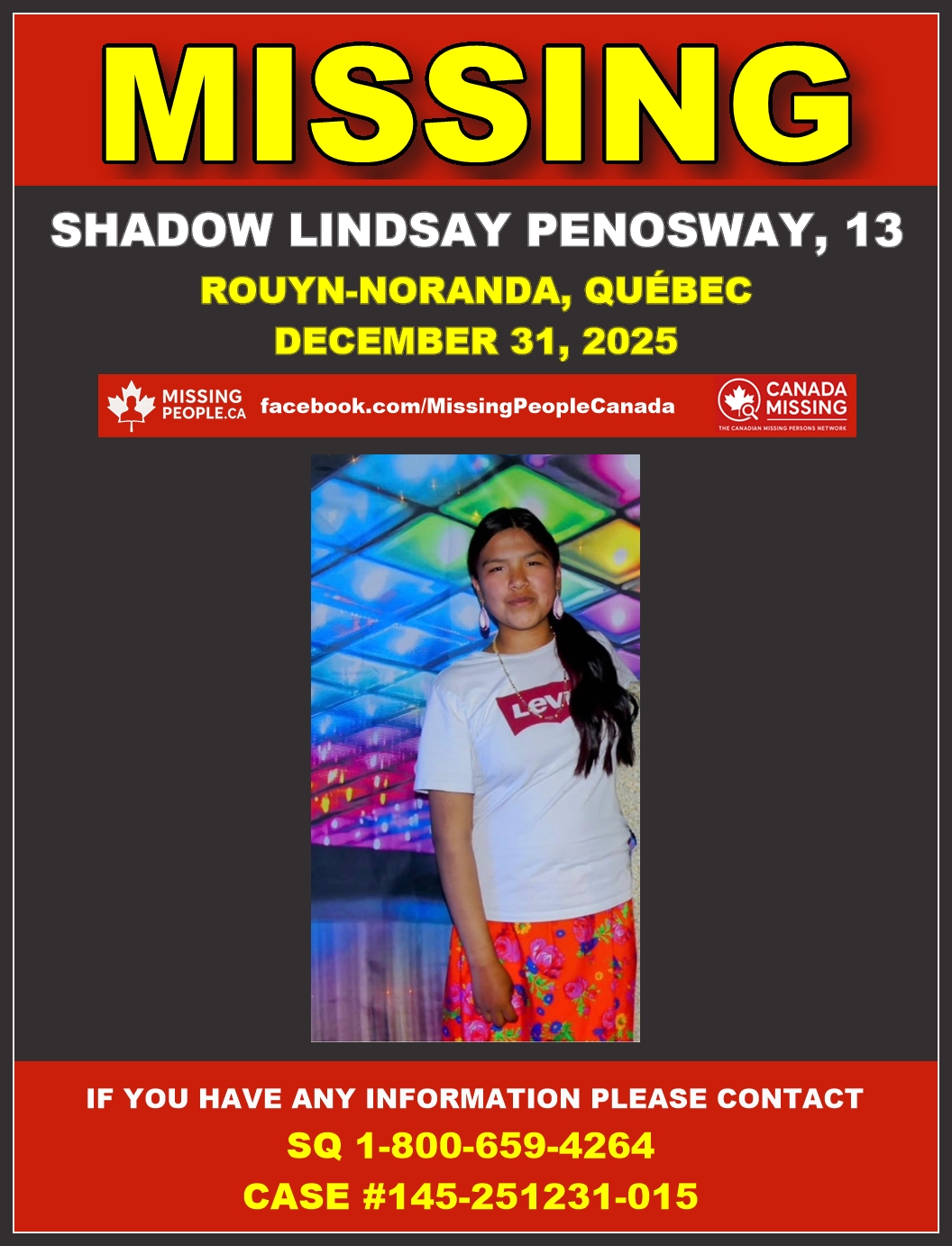 Photo of missing girl Shadow Lindsay Penosway, age 13, from Rouyn-Noranda, Québec