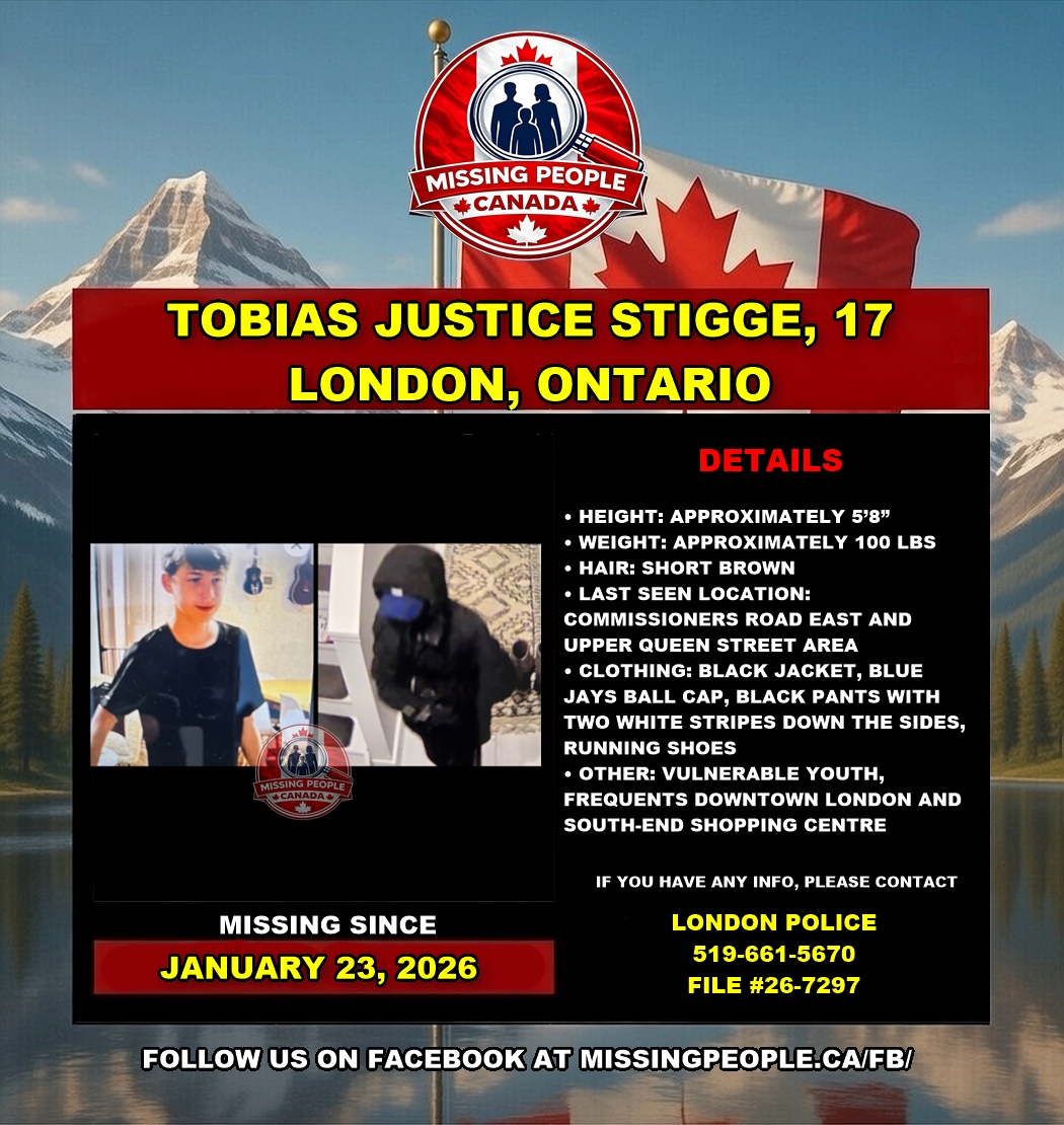 Photo of missing vulnerable youth Tobias Justice Stigge, age 17, from London, Ontario